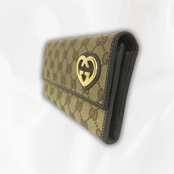 GUCCI LOVELY HEART GG LOGO CANVAS LEATHER LONG BIFOLD WALLET - Picture 4 of 6